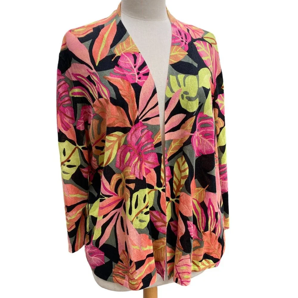Chico's Tropical Palm Leaf Print Open Front Cardigan Bold Resort Vacation-3/XL